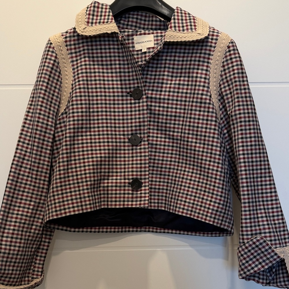 Maria de la Orden Navy and cream Plaid Cropped Jacket with Crochet Trim